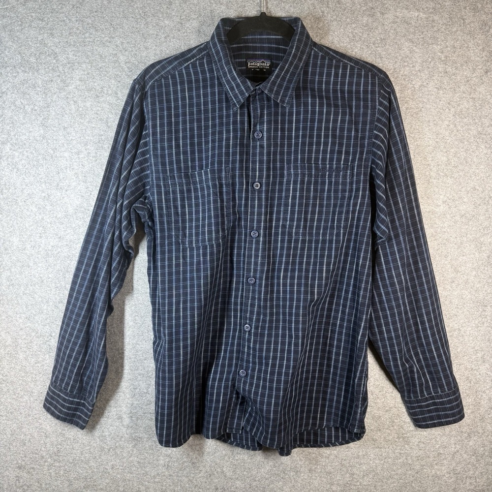 Patagonia Organic Cotton Plaid Shirt Mens Estimated M Navy Blue Long Sleeve